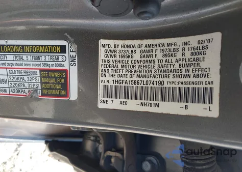 2007 Honda Civic Ex из США, поврежденный, VIN 1HGFA15867L074190